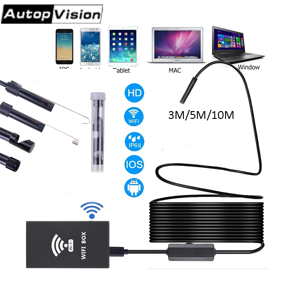 F140 10M WIFI Wireless Endoscope, HD 1200P Wifi USB Borescope, IP68 Waterproof Inspection Camera with Semi-rigid Flexible cable 9 wireless wifi 20 30 50m syanspan pipe inspection camera hd 1000tvl waterproof ip68 drain sewer pipeline industrial endoscope