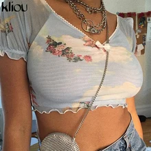 kliou женский летний эластичный тонкий топ с рюшами футболка с коротким рукавом с принтом ангела с V-образным декольте