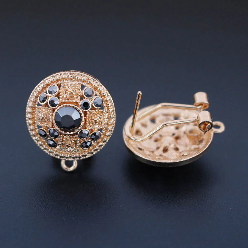 Серьги гвоздики коннекторы филигранные Круглые черные с фианитами
