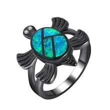 Anillos de tortuga Soild de piedra de ópalo de Fuego Azul únicos para mujeres Vintage negro oro relleno cóctel Animal anillo joyería de moda de boda