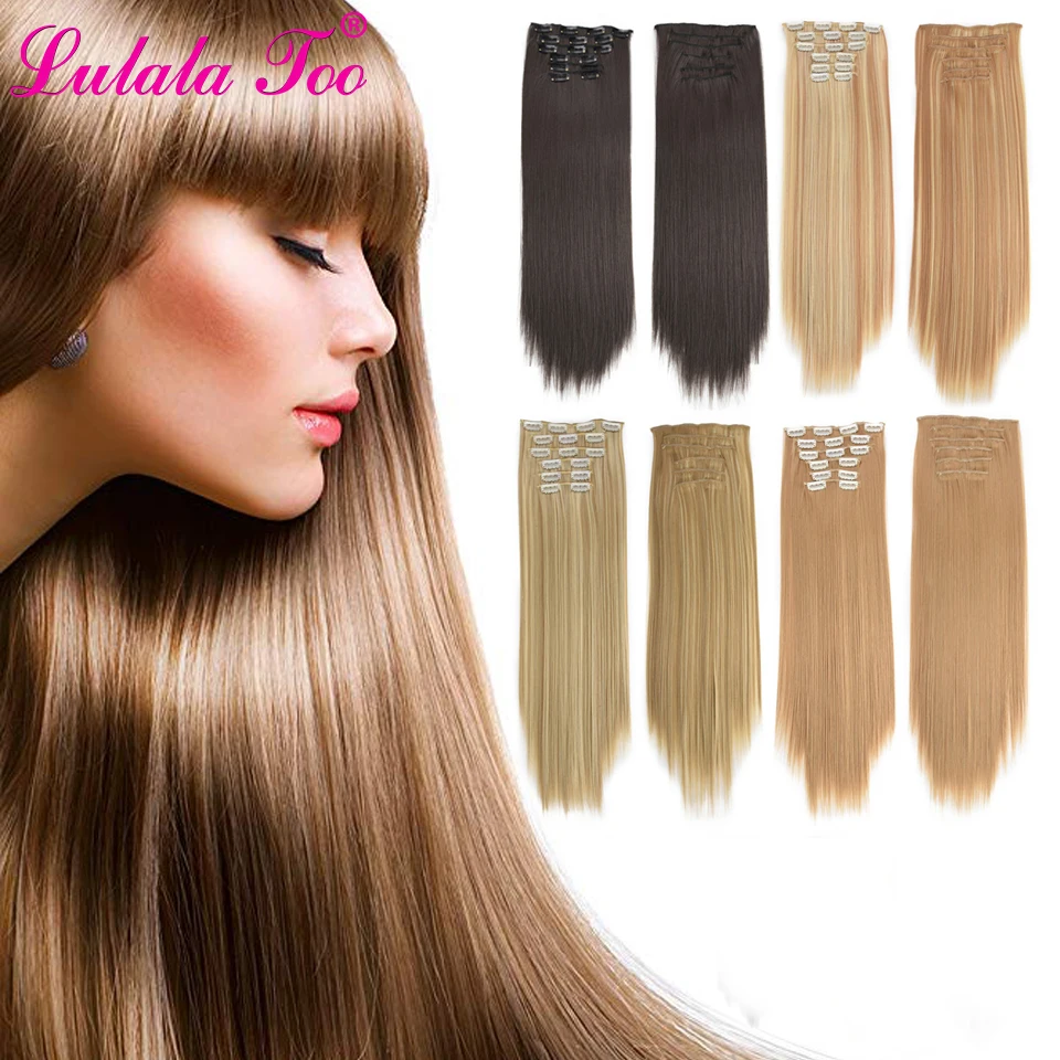 

Straight Clip in Hair Extensions Synthetic Long Full Head Hair Extent 16 Clip High Temperature Fiber Black Brown Fake Hairpiece