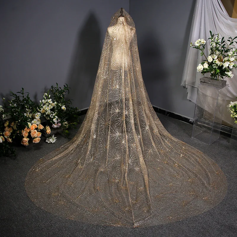 

Gold Bling Luxury Bridal Veils 2019 New Sequins 3 Meters Long Women Cathedral Wedding Party Veil Women Accessoire Mariage