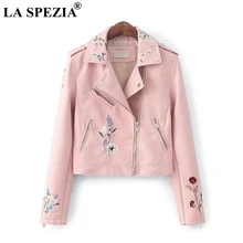 LA SPEZIA Leather Jacket Women Pink Motorcycle Short Coat Female Biker Embroidered Flower Cool Zipper Pockets Autumn Punk Jacket