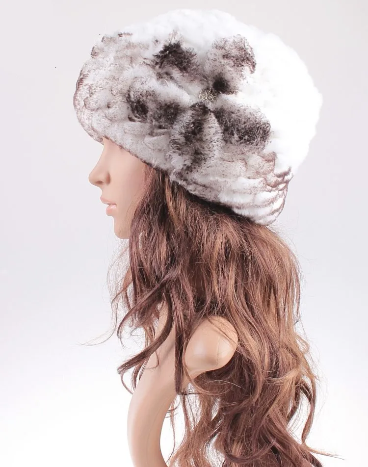 

Женская вязаная шапка из натурального меха кролика Рекс, теплая Осенняя шапка с цветочным принтом на заказ, белая, серая, коричневая, 8 видов цветов, Меховая зимняя шапка H433