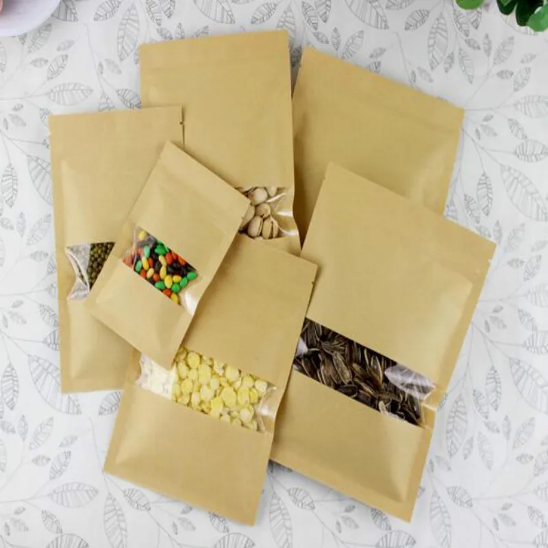 100pcs/lot Kraft Paper Pouch Packing Bag Zip Lock With Window Food Snacks Package Damp Proof 19041702