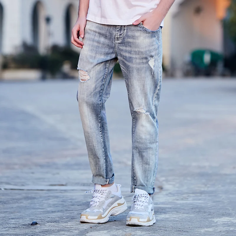 Pioneer Camp 2019 Autumn New Retro Hole Jeans Men light blue Denim Trouser Male Plus Size High Quality  Pants ANZ903103