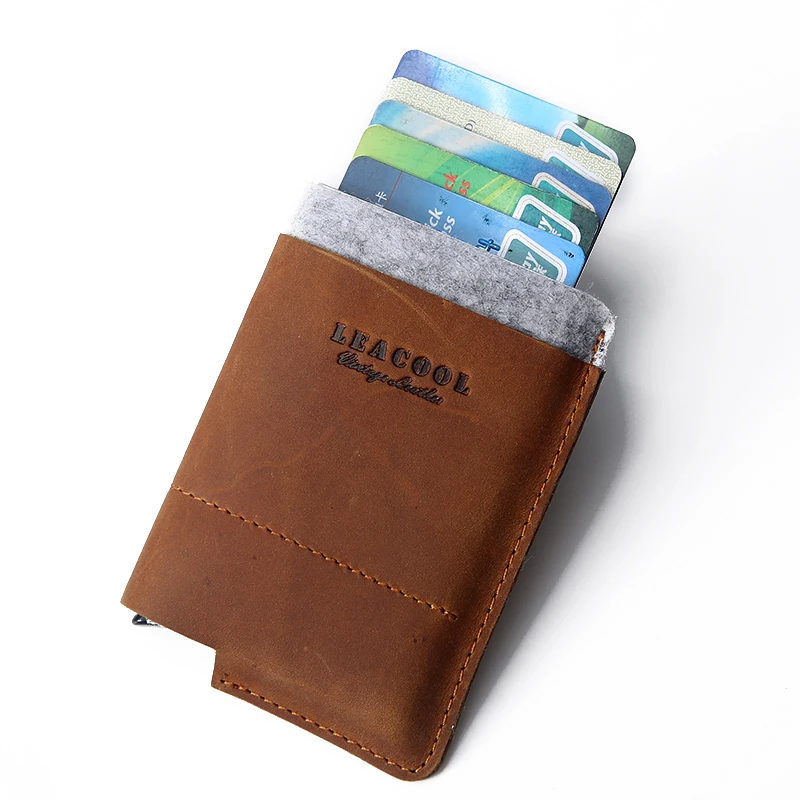 LEACOOL блокирующий RFID алюминиевый кредитный держатель для карт для мужчин и женщин, одна коробка из натуральной кожи, винтажный Мини Тонкий безопасный кошелек, кошелек, чехол