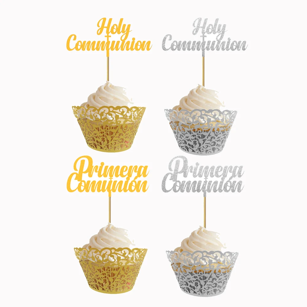 

20pcs Glitter Gold Silver Holy Communion Cupcake Topper For My First Holy Communion Mi Primera Comunion Party Decoration