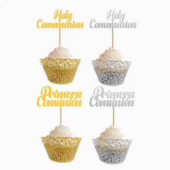 

20pcs Glitter Gold Silver Holy Communion Cupcake Topper For My First Holy Communion Mi Primera Comunion Party Decoration
