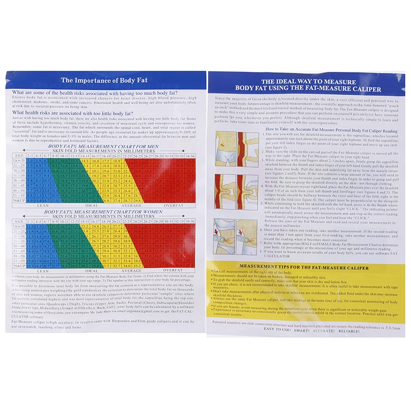 Измеритель телесного жира, измеритель телесного жира, измерительная лента Skinfold с таблицей измерений, оборудование для фитнеса на открытом
