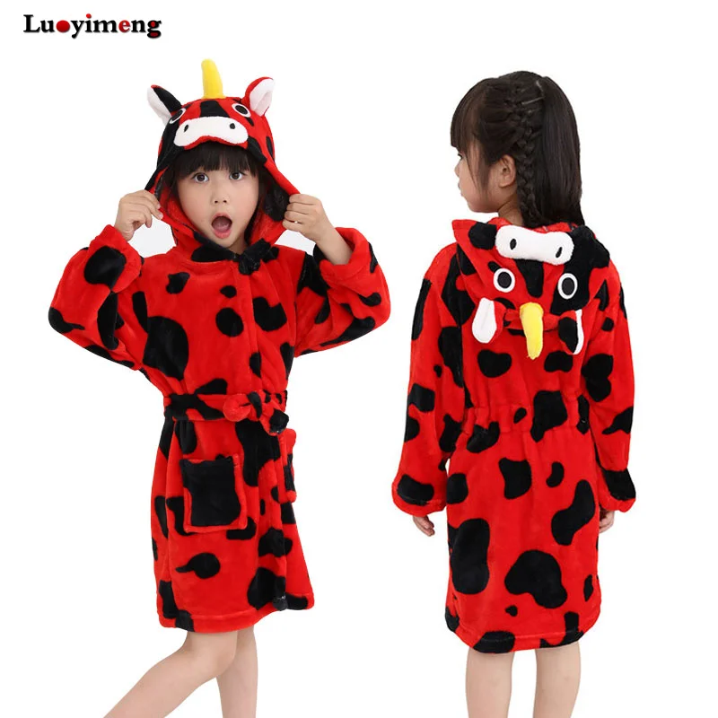 

Cute Cartoon Kids Clothes Boys Girls Bath Robe Red Pegasus Unicorn Robes Winter Warm Fannel Sleepwear Child Bathrobes Nightwear