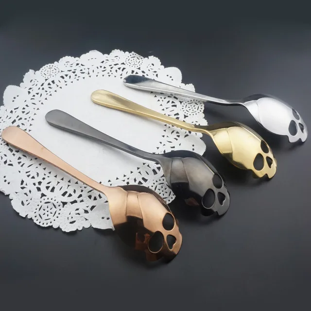 Cheap Stainless Steel Spoon Coffee Suger Skull Shape Tea Stirring Spoon Small Ice Cream Dessert Scoop Creative Flatware