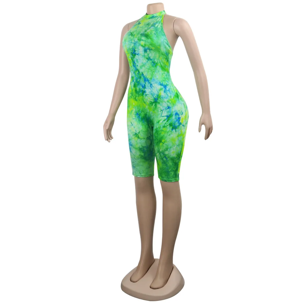 Tie Dye принтом пикантные Облегающий комбинезон Для женщин с открытыми плечами спинки клуб костюм для вечеринки летняя блузка на бретелях без
