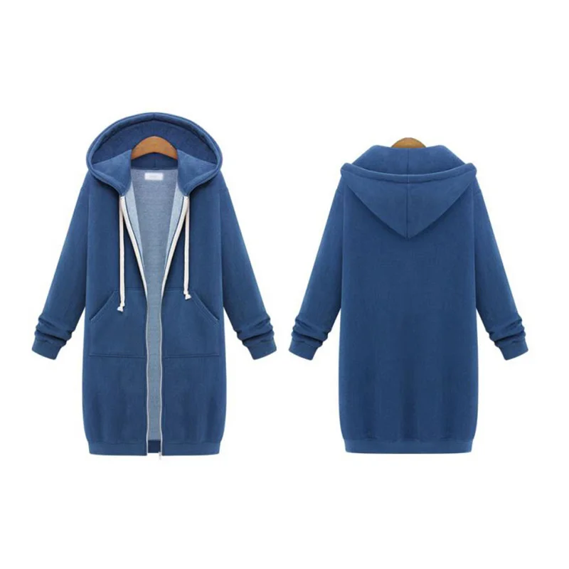 spring autumn new large size women's hooded long-sleeved Sweatshirt fleece Medium length Thick warm Cotton zipper Outerwear coat