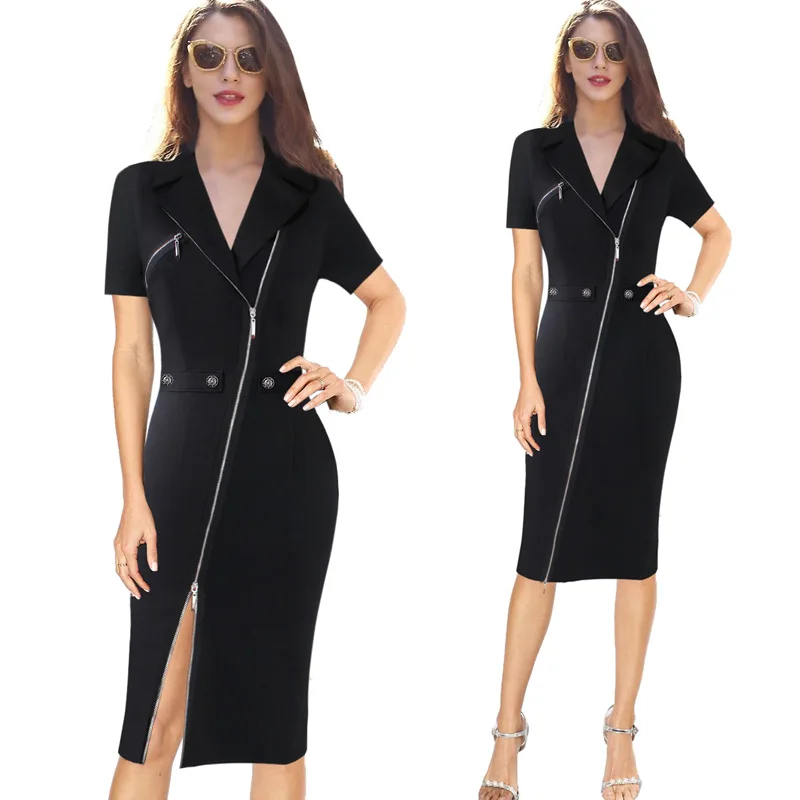 Vfemage, женское сексуальное элегантное асимметричное платье с отворотом, на молнии, с пуговицами, на каждый день, для работы, офиса, бизнеса, вечерние, облегающее платье 10079 - Цвет: Black 1