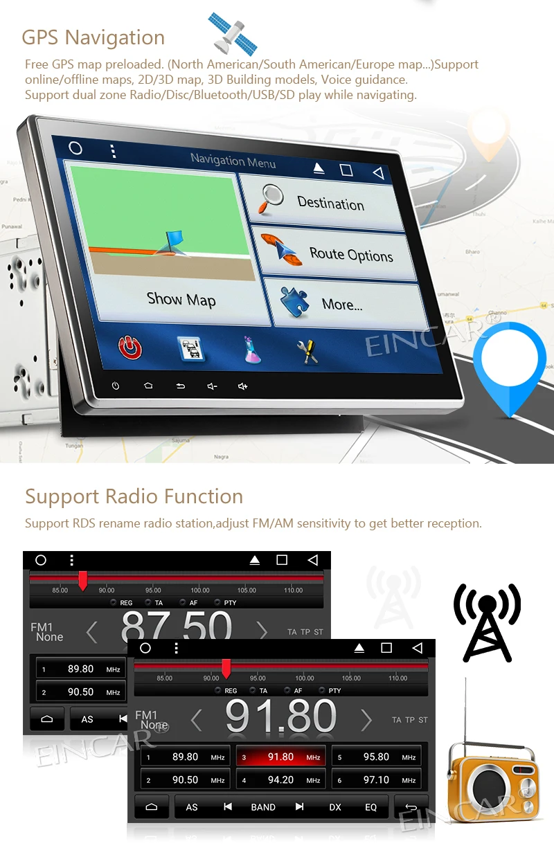 Best Eincar Bluetooth Stereo Receiver supports Quad Core 3D GPS Split Screen Double Din 7.0 Inch 1024*600 HD Touch Screen Steering 11