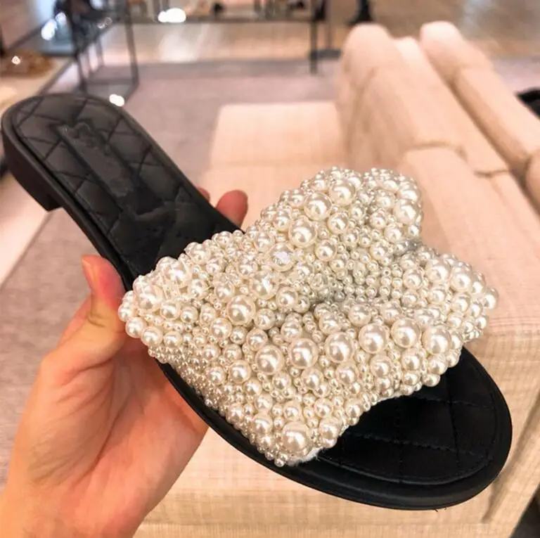 

New Design Pearl Beading Women Slippers Sweet Summer Sandals Women Casual Flats Slip On Outside Slides Sandalias B136