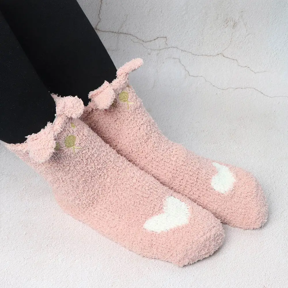 

Women Thicken Warm Coral Fleece Socks Embroidery Cute Cat Beard Fluffy Ears Tube Warmth Floor Socks Fashion