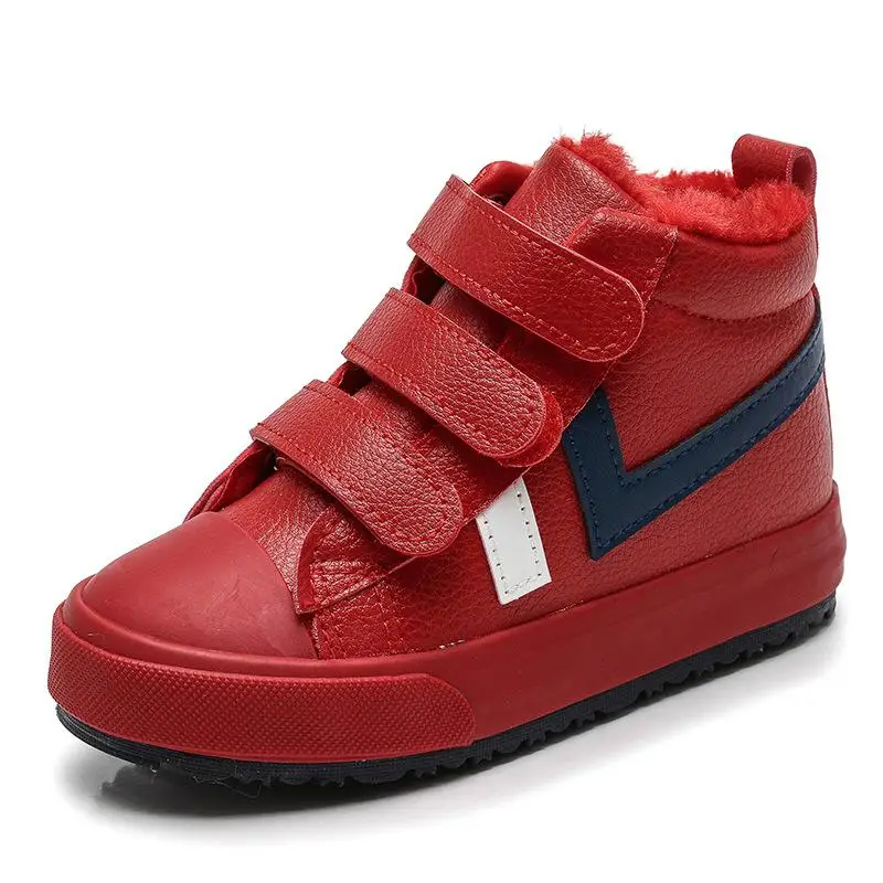 Зимние ботинки для мальчиков; детская обувь из водонепроницаемого материала; модные маленькие детские теплые ботинки; ботильоны martin; теплая спортивная обувь из плюша - Цвет: Red