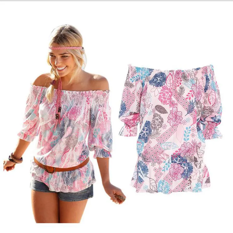 Off Shoulder Chiffon Shirts Women Summer Print T shirt Elastic Waist ...
