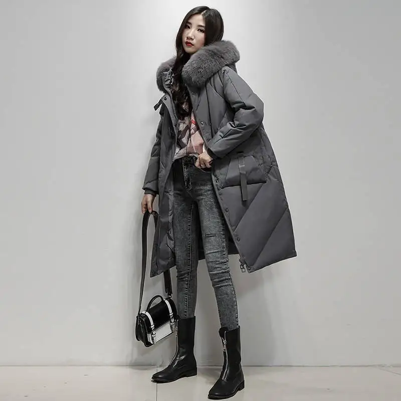 New Winter Women White Duck Down Jacket Loose Down Long Coats Ladies Large Real Fur Collar Hooded Warm Thicken Parkas C133