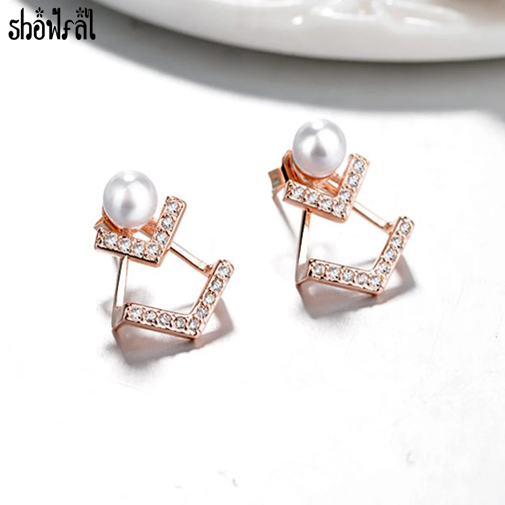 Fine Jewelry V Letter Pearl Crystal Earring Design Rose Gold Color Fine Jewelry V Letter Pearl Crystal Earring Design Rose Gold Color Stud Earrings For Women Fashion Accessories 2017 In From
