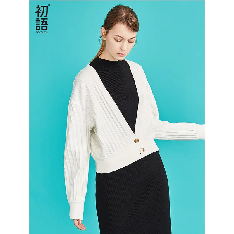 

Toyouth Autumn Short Cardigans Fashion V-Neck Long Sleeve Women Sweaters Casual Solid Sueter Mujer Striped Outerwear Coat