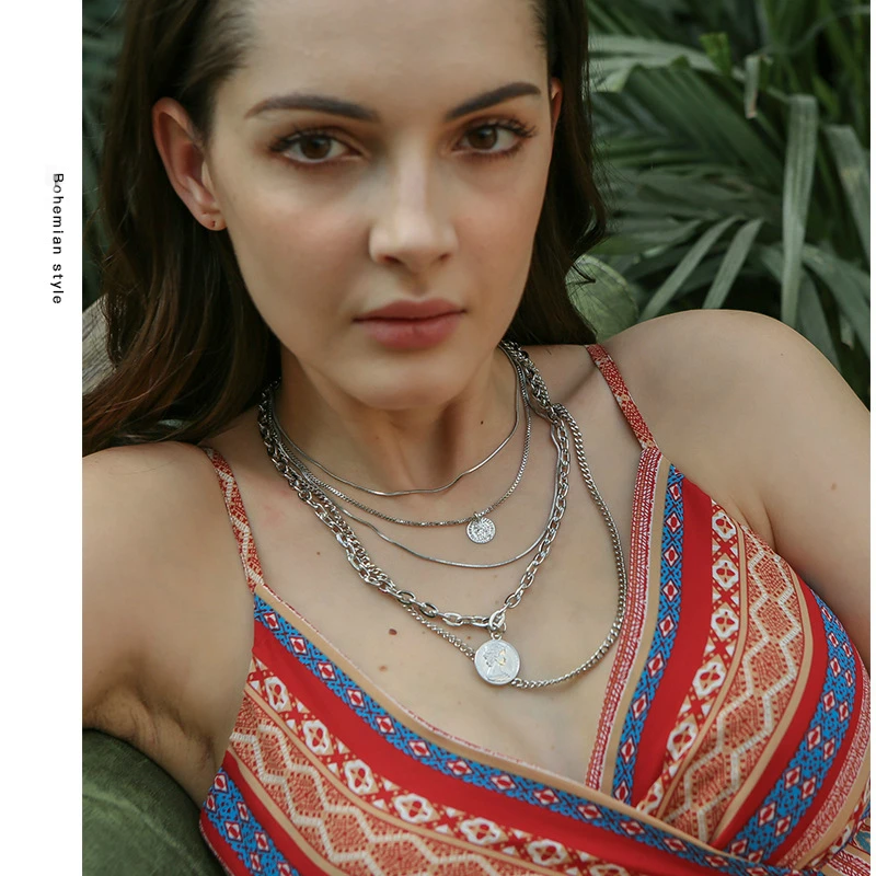

Silver Queen Head Geometric Pendant Necklaces Bohemian Female 4 Layers Necklace Retro Gold Carved Coin Necklace Jewelry New 2019