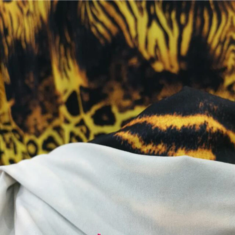 Хорошее 4 стороны стрейчевое Ципао ткань хлопок/спандекс трикотажная ткань желтый леопард/змеиный принт фабричное кружево Футболка/платье