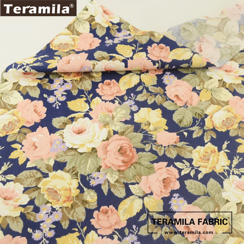 Teramila Fabric Cotton Blue Twill Material Bed Sheet Printed Blooming Flower Design Sewing Textile Scrapbooking Crafts CM