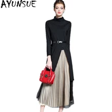 AYUNSUE Осенняя Женская юбка костюмы черный вязаный свитер длинная юбка пряжа плиссированная юбка комплект из 2 предметов saia faldas mujer C4018