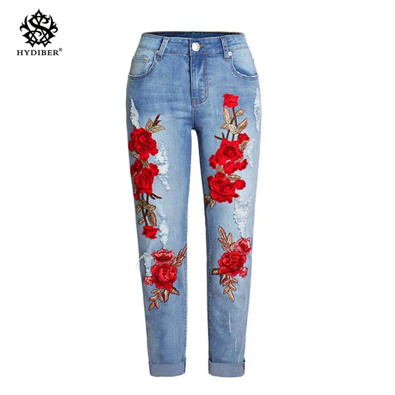 2018 New Plus Size Stretchy Ripped Jeans With Scuffs 3D Embroidery Flowers Woman Denim Pants Trousers For Women 4-S-AM081 |