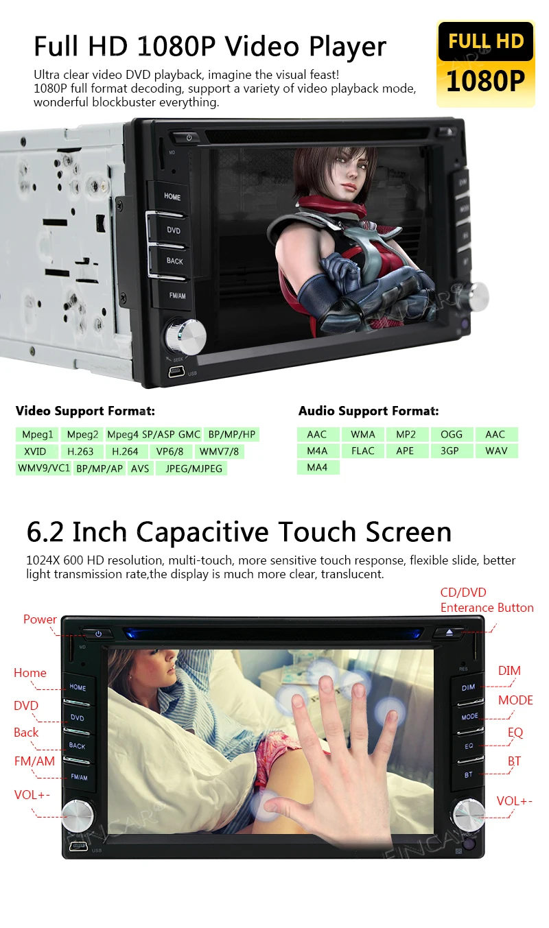 Excellent Double Din Car DVD Player in Dash Car Radio with Free Backup Camera Support Subwoofer Video Out DVR OBDII Steering Wheel Control 3