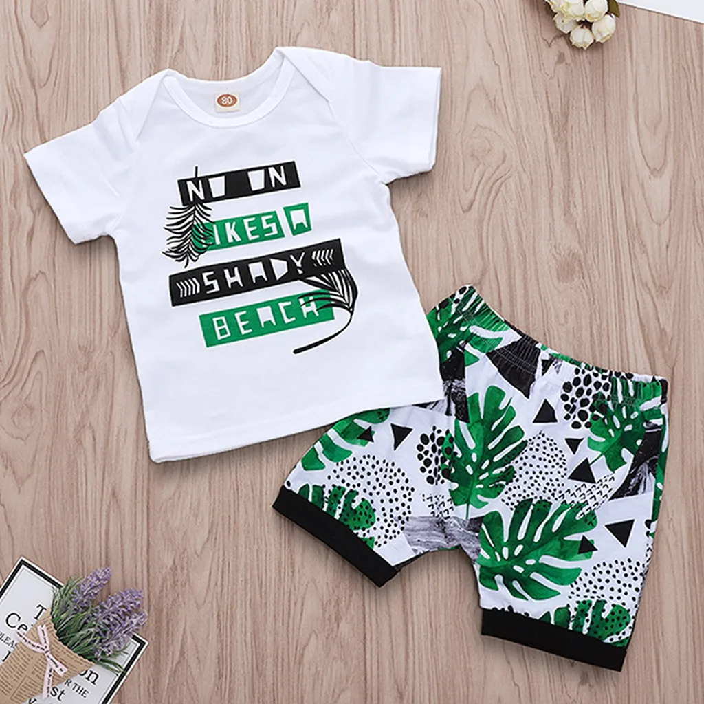 

2019 New Summer Toddler Kid Clothes Set 2PCS Baby Girl Letter T-Shirt Top+Leaves Print Shorts Outfits Bebek Giyim