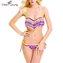 2016 New Women Sexy Tie Dye Underwired Push Up Padded Bandeau Tassel Bikini Set Biquini Bathing Suit Swimwear Swimsuit Bikinis