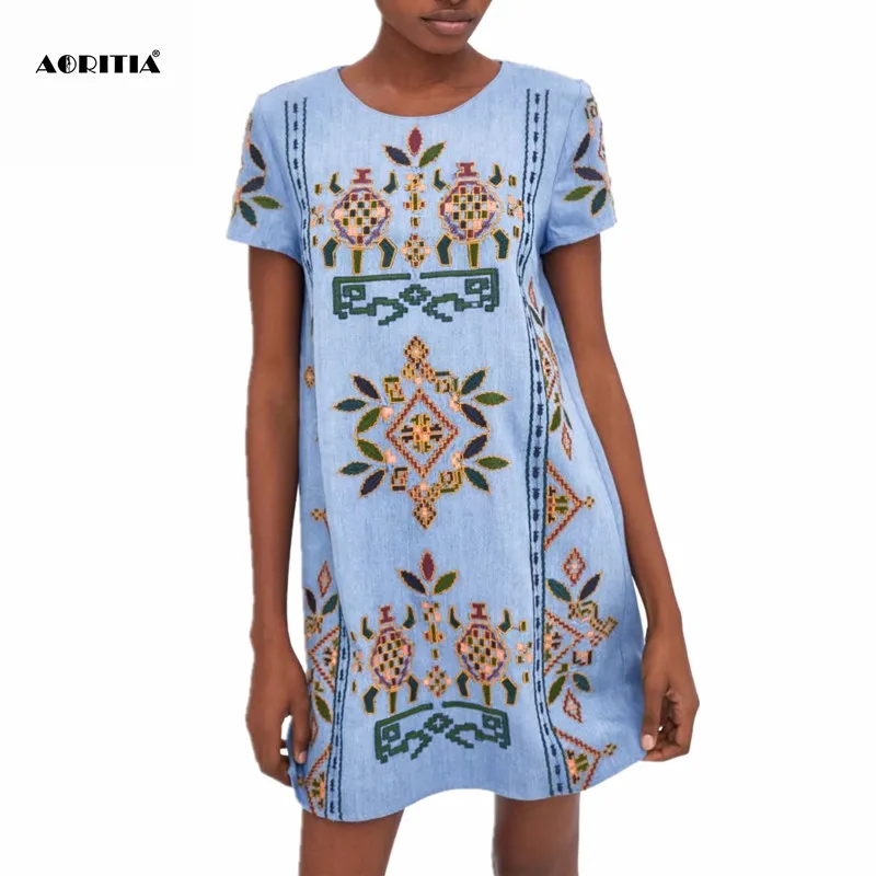 

2019 Women Summer Blue Embroidery Dresses O-neck Dress Summer