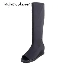 Женские сапоги до колена; высокие сапоги из эластичной ткани; коллекция года; сезон осень; черные женские модные сапоги на высоком каблуке; женская обувь
