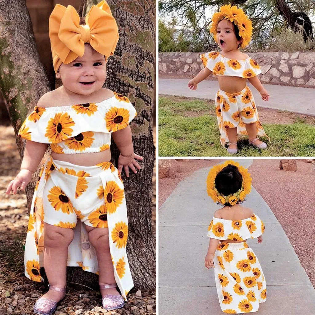 

Baby girl set 2019 Toddler Baby Girls Off Shoulder Sunflower Print Tops+Skirt Pantskirt Outfits Set