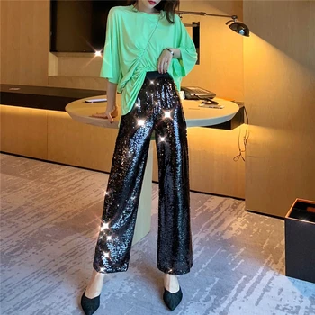 

Fashion Elastic Waist Long Pants Women Straight Ankle Length Sequins Bling Pants Loosestylish Street Wear High Waist Trousers