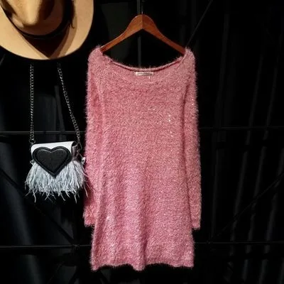 Cakucool блестками вязаное платье Для женщин с длинным рукавом Осень Vestidos украсить Повседневное прямой v-образный вырез Бисер короткий вязаный тянуть платья - Цвет: pink thick