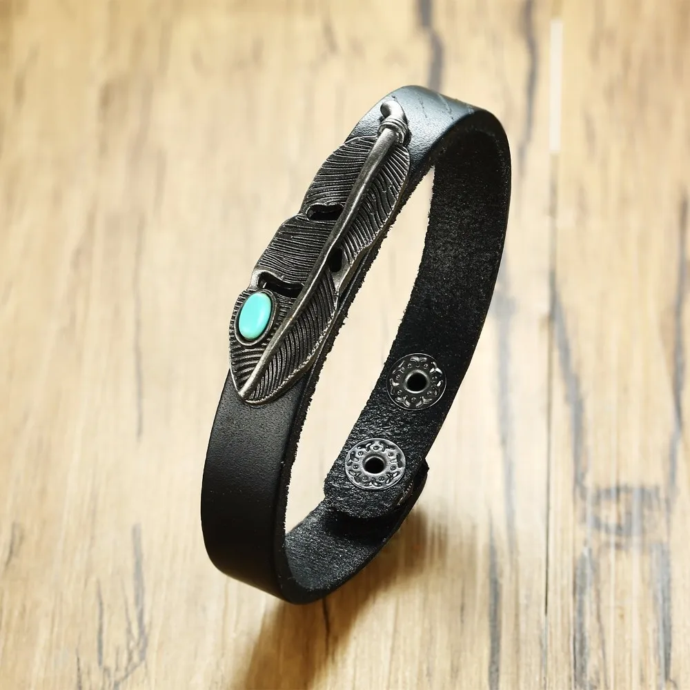 

Black Leather Bracelet with Agaphite Turkish Stone Feather Wristband brackelts for Men Women Native American Unisex Jewelry