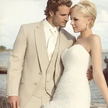 Новое поступление, мужские свадебные костюмы бежевого цвета из 3 предметов, одежда для жениха(куртка+ брюки+ жилет