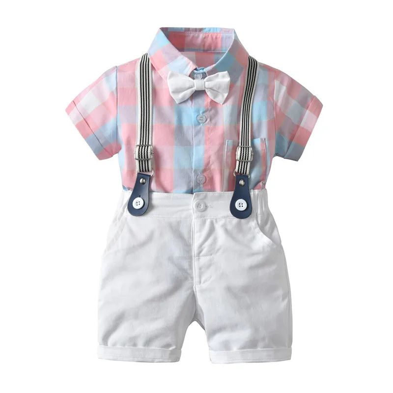 

Kids Baby Boy Clothing Gentleman Suits Wedding Party Formal Tuxedo Plaid Bow Tie Romper Strappy Bids Shorts 2Pcs Boy Sets 6M-4Y