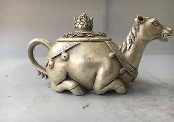 

8'' tibetan bronze silver carved beast animal horse teapot cup pot statue