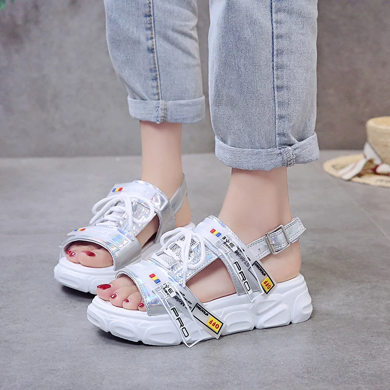 

Rimocy chunky platform sandals women silver laser thick bottom gladiator shoes woman hi-street hot pink wedges sandalias mujer