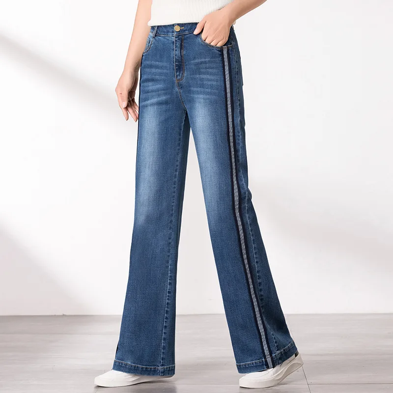 Стиль женские модные джинсы красивый корейский узор тонкие боковые полосы свободные большие размеры джинсы женские широкие джинсы - Цвет: Синий