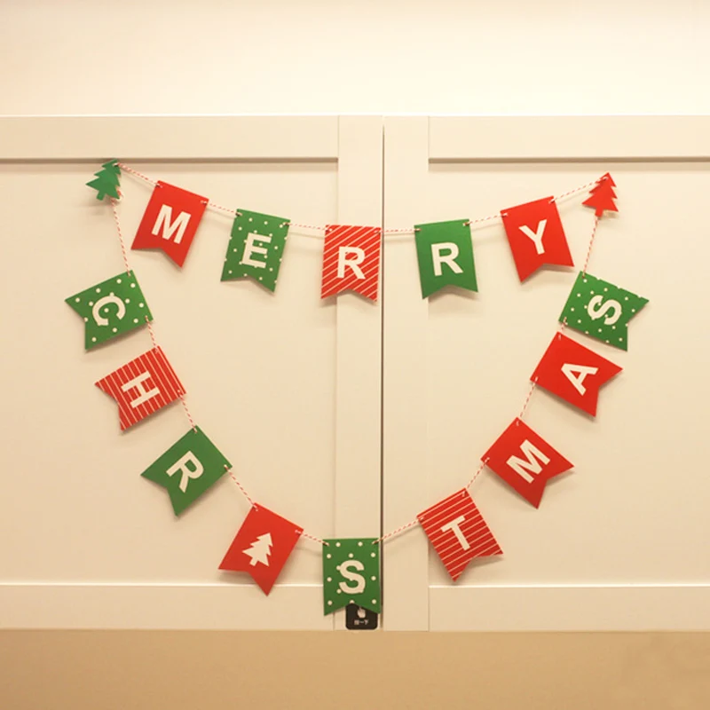 

16pcs Merry Christmas Paper Flags with String Xmas Decoration Christmas Decoration for Home Bunting Banner Hanging Ornament