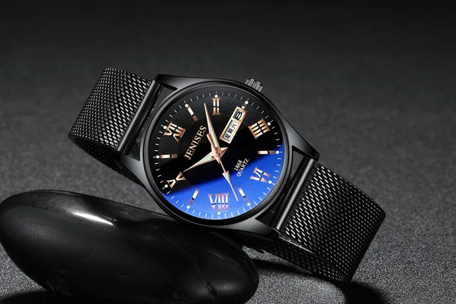 

BELUSHI (jenises) Luxury Fashion Mens Chronograph Luminous Black Dial Quartz Watch Stainless Steel Mesh Watch with Gift