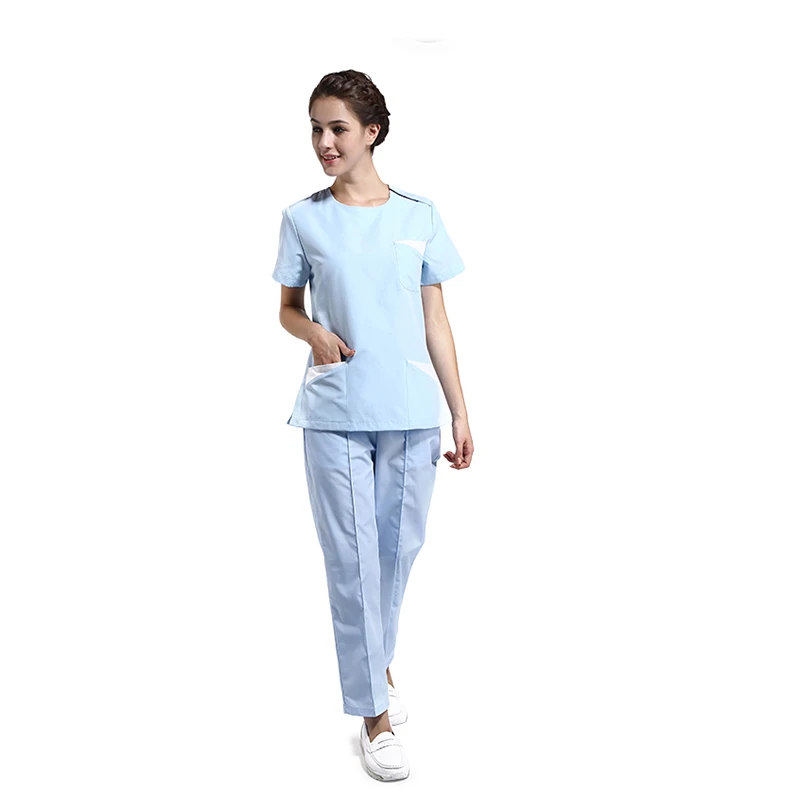 Униформа медсестры женский короткий рукав костюм медика комплекты одежды больничный доктор стоматологическая клиника салон красоты модный дизайн тонкий - Цвет: blue3