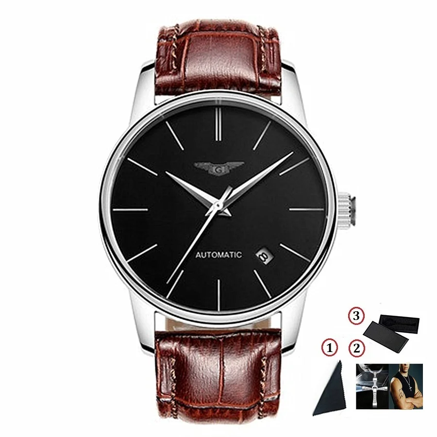 GUANQIN мужские часы Топ люксовый бренд механические часы для мужчин водонепроницаемые сапфировые кожаные мужские автоматические наручные часы - Цвет: Silver Black Brown